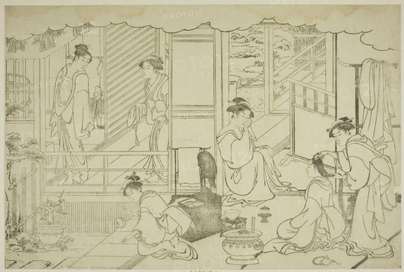 The First Bath of the New Year (Yudono hajime), from the illustrated book "Colors of the..., c.1787. Creator: Torii Kiyonaga.
