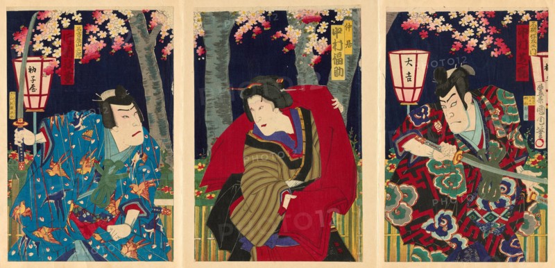 The actors Nakamura Shikan IV as Fuwa Banzaemon, Nakamura Fukusuke IV as the..., 1885. Creator: Toyohara Kunichika.