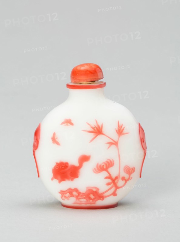 Snuff Bottle with a Cat and Two Butterflies near Bamboo, Rockwork, and Chrysanthemum...1800-1900. Creator: Unknown.