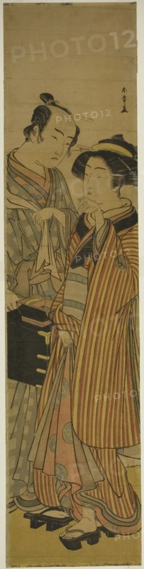 The Actors Segawa Kikunojo III as Okoma (right), and Arashi Sangoro III as the Hairdres..., c. 1776. Creator: Shunsho.