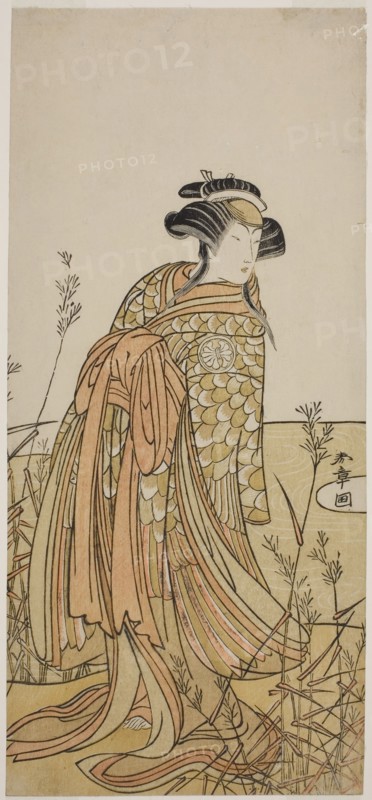 The Actor Segawa Kikunojo III as Spirit of a Mandarin Duck (Oshidori) Disguised as Taga..., c. 1775. Creator: Shunsho.