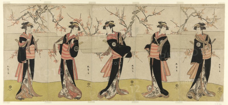 The Actors Segawa Kikunojo III as Karigane Obun, Nakayama Tomisaburo I as An no Oyasu..., c. 1792. Creator: Shunsho.