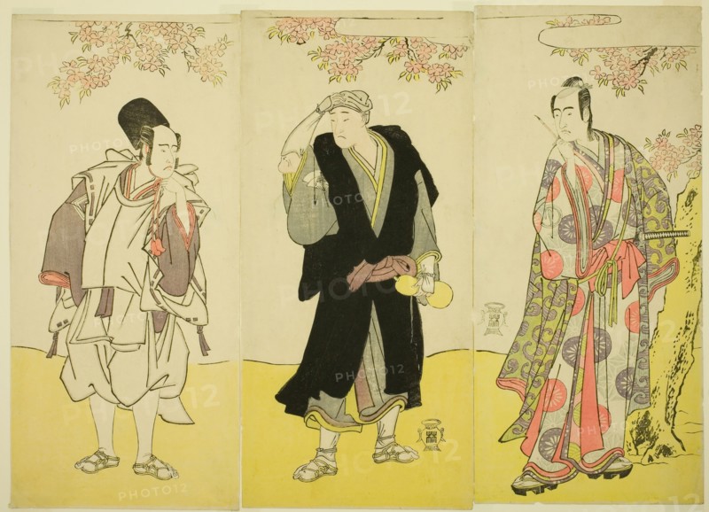 The Actors Sawamura Sojuro III as Kusunoki Tatewaki Masatsura (right), Onoe Matsusuke I..., c. 1786. Creator: Shunsho.