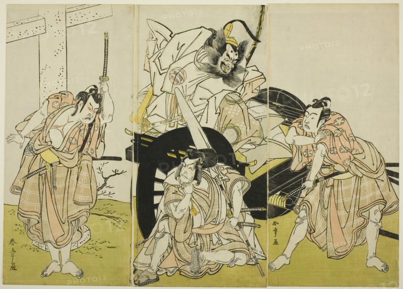 The Actors Nakajima Mihoemon II as Fujiwara no Shihei, Minister of the Left (center, in..., c. 1776. Creator: Shunsho.
