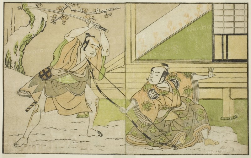 The Actors Arashi Sangoro II as Hojo Tokiyori (right), and Otani Hiroji III as Koga Sab..., c. 1772. Creator: Shunsho.