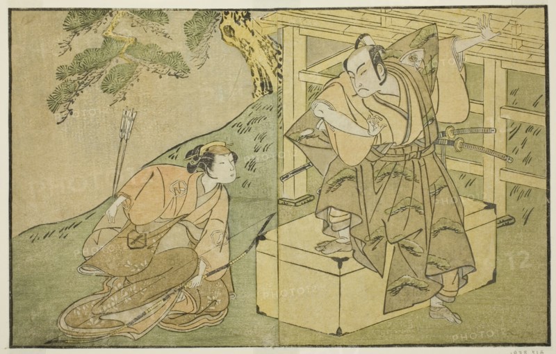 The Actors Onoe Matsusuke I as Akaboshi Taro (right), and Azuma Tozo II as Shirotae..., c. 1772. Creator: Shunsho.