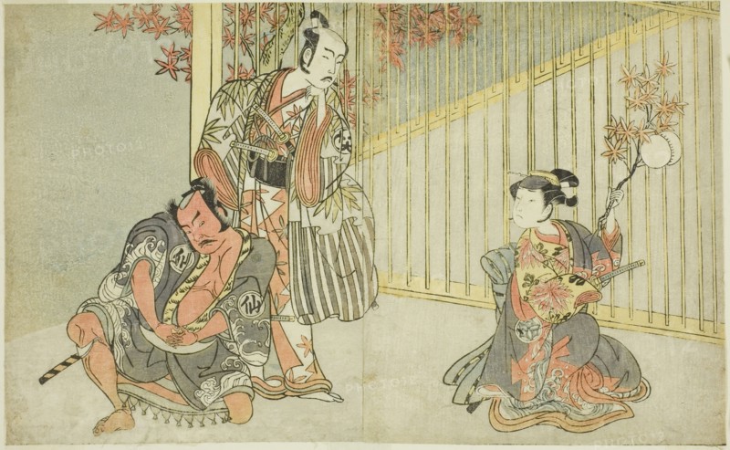 The Actors Yamashita Kinsaku II as Mutsuhana (right), Bando Mitsugoro I as Kashiwagi n..., c. 1771/7 Creator: Shunsho.