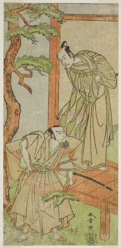 The Actors Ichikawa Danjuro V as Momonoi Wakasanosuke (right), and Nakamura Nakazo I as..., c. 1771. Creator: Shunsho.