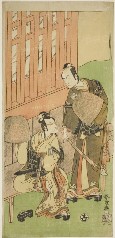 The Actors Ichikawa Komazo II as Soga no Juro Sukenari (right), and Ichikawa Danjuro V..., c. 1771. Creator: Shunsho.