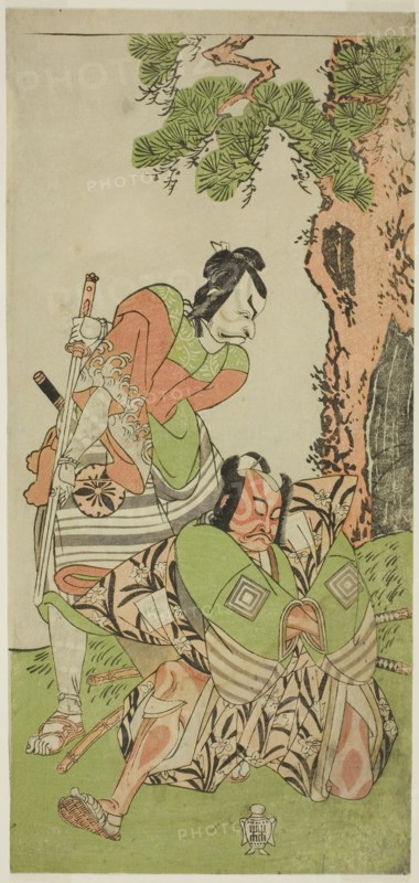 The Actors Ichikawa Danzo III as I no Hayata Tadazumi (right), and Matsumoto Koshiro II..., c. 1770. Creator: Shunsho.