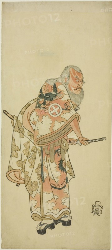 The Actor Otani Hiroemon III as Hige no Ikyu in the scene "Sukeroku” in the play "Hitok..., c. 1764. Creator: Shunsho.
