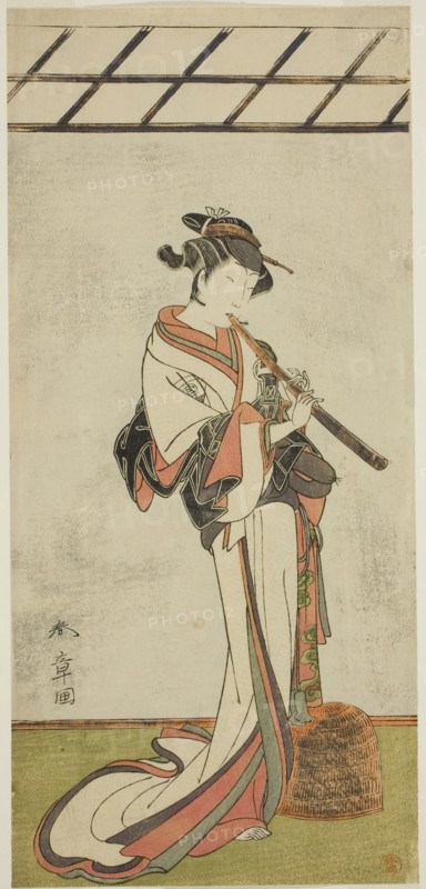 The Actor Onoe Tamizo I as Oiso no Tora or Kewaizaka no Shosho, Disguised as a Female..., c. 1774. Creator: Shunsho.