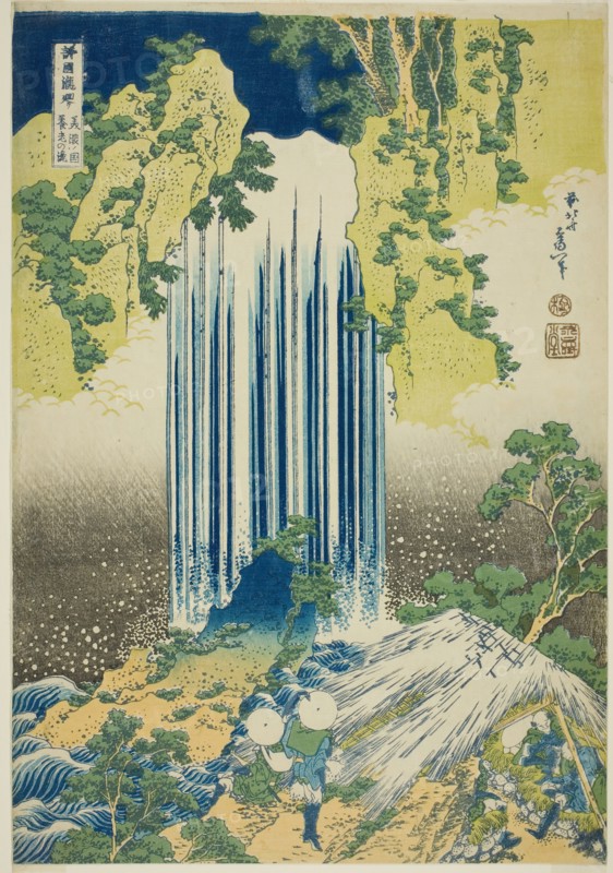 Yoro Falls in Mino Province (Mino no Yoro no taki), from the series "A Tour of Waterfalls..., c1833. Creator: Hokusai.