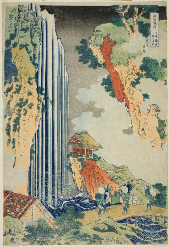 Ono Falls on the Kisokaido (Kisokaido Ono no bakufu), from the series "A Tour of Water..., c. 1833. Creator: Hokusai.