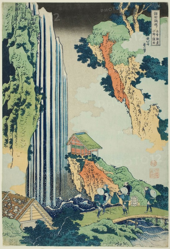 Ono Falls on the Kisokaido (Kisokaido Ono no bakufu), from the series "A Tour of Water..., c. 1833. Creator: Hokusai.