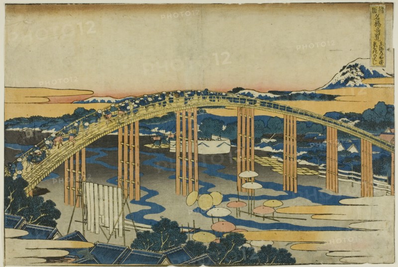 Yahagi Bridge at Okazaki on the Tokaido (Tokaido Okazaki Yahagi no hashi), from the..., c. 1833/34. Creator: Hokusai.