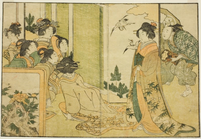 New Year Manzai Performance at a Feudal Lord's Mansion, from the illustrated book "Picture..., 1801. Creator: Kitagawa Utamaro.