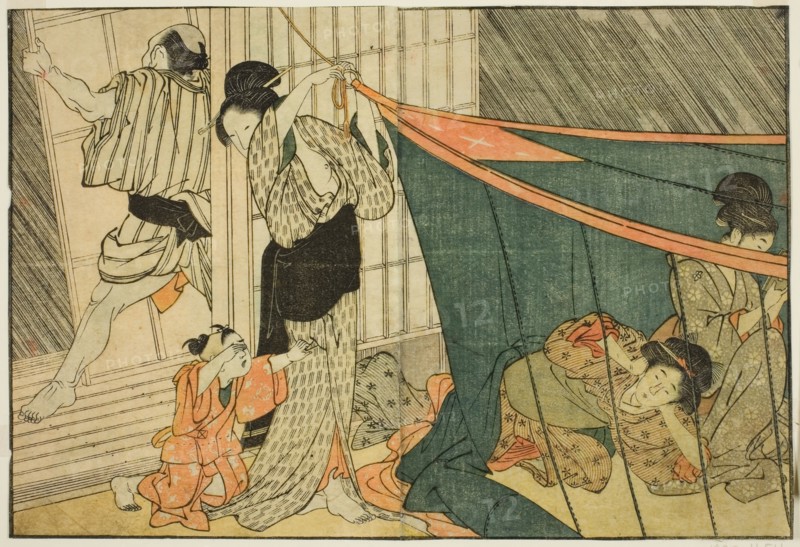 Women Inside a Mosquito Net During a Thunderstorm, from the illustrated book "Picture Book..., 1801. Creator: Kitagawa Utamaro.