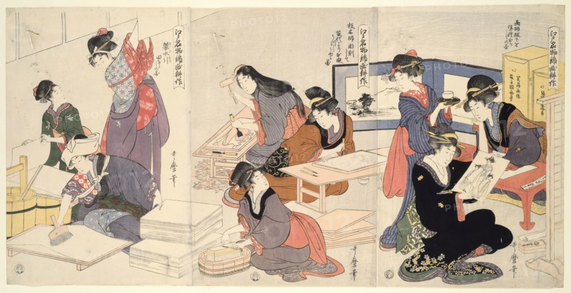 Artist, Block Carver, Applying Sizing (Eshi, hangashi, dosa-biki), from the series...,, About 1803. Creator: Kitagawa Utamaro.