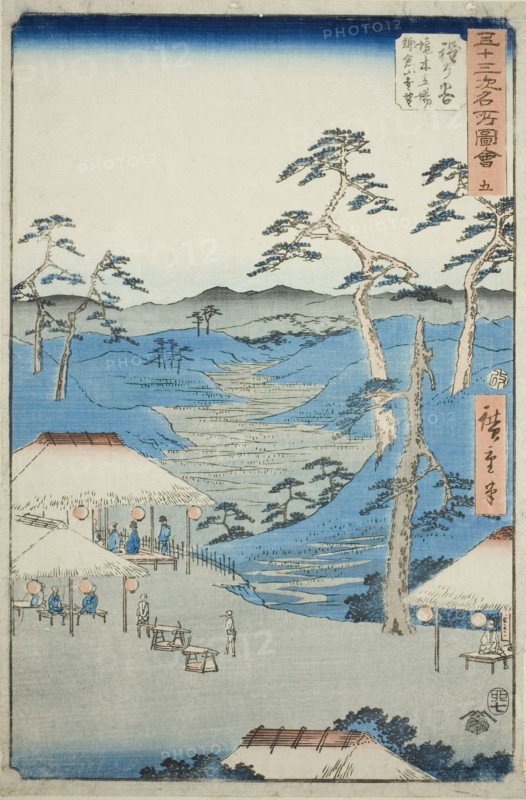 Hodogaya: Distant View of the Kamakura Mountains from the Rest House near the Boundary Tre..., 1855. Creator: Ando Hiroshige.