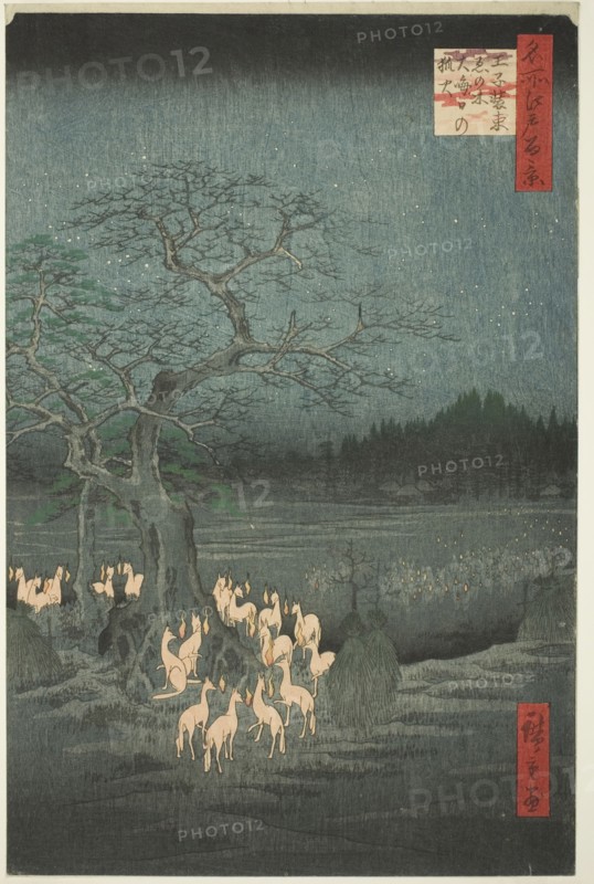 New Year’s Eve Fox Fires at the Changing Tree (Oji shozoku enoki omisoka no kitsunebi), fr..., 1857. Creator: Ando Hiroshige.