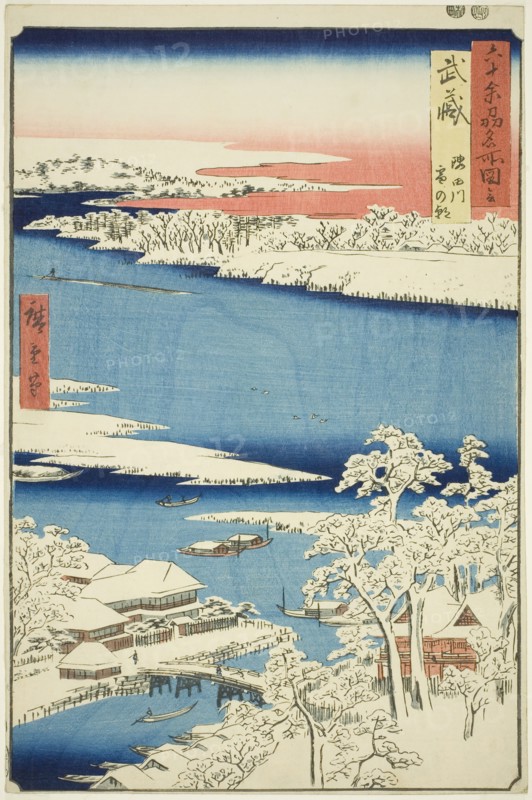 Musashi Province: Morning after Snow on the Sumida River (Musashi, Sumidagawa yuki no ashi..., 1853. Creator: Ando Hiroshige.