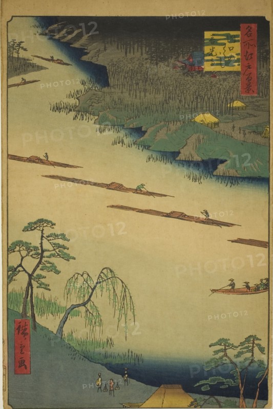 Zenkoji Temple and the Ferry at Kawaguchi (Kawaguchi no watashi Zenkoji), from the series ..., 1857. Creator: Ando Hiroshige.