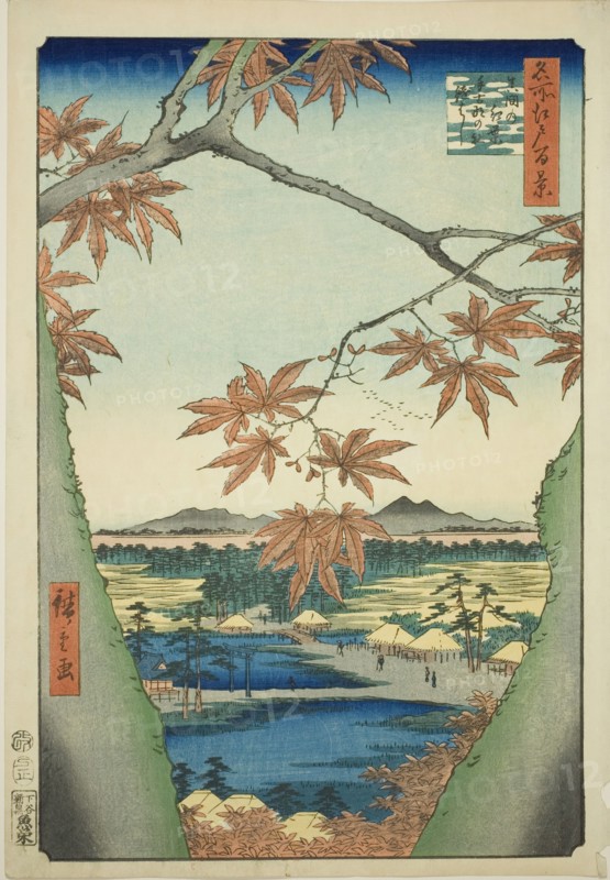 Maple Trees at Mama, Tekona Shrine and Tsugi Bridge (Mama no momiji, Tekona no yashiro, Ts..., 1857. Creator: Ando Hiroshige.