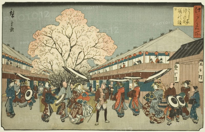 Cherry Blossom Day on the Nakanocho of the Yoshiwara (Yoshiwara Nakanocho Sakura..., c. 1840/58. Creator: Ando Hiroshige.
