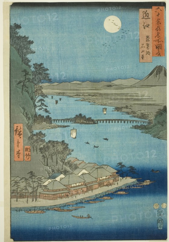 Omi Province: Lake Biwa and Ishiyama Temple (Omi, Biwako Ishiyamadera), from the series "F..., 1853. Creator: Ando Hiroshige.