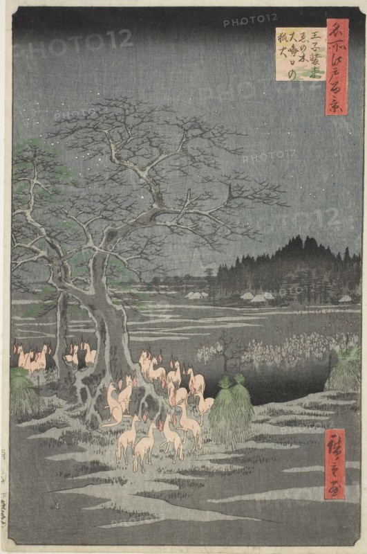 Fox Fires on New Year's Eve at the Changing Tree in Oji (Oji shozoku enoki omisoka no kits..., 1857. Creator: Ando Hiroshige.