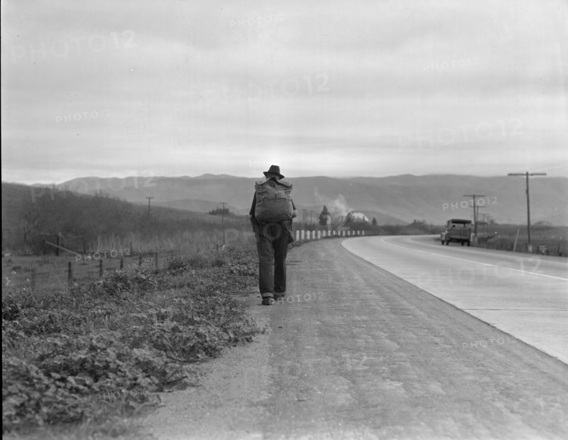 Bum blockade, all heading north, South of King City, California, 1936. Creator: Dorothea Lange.
