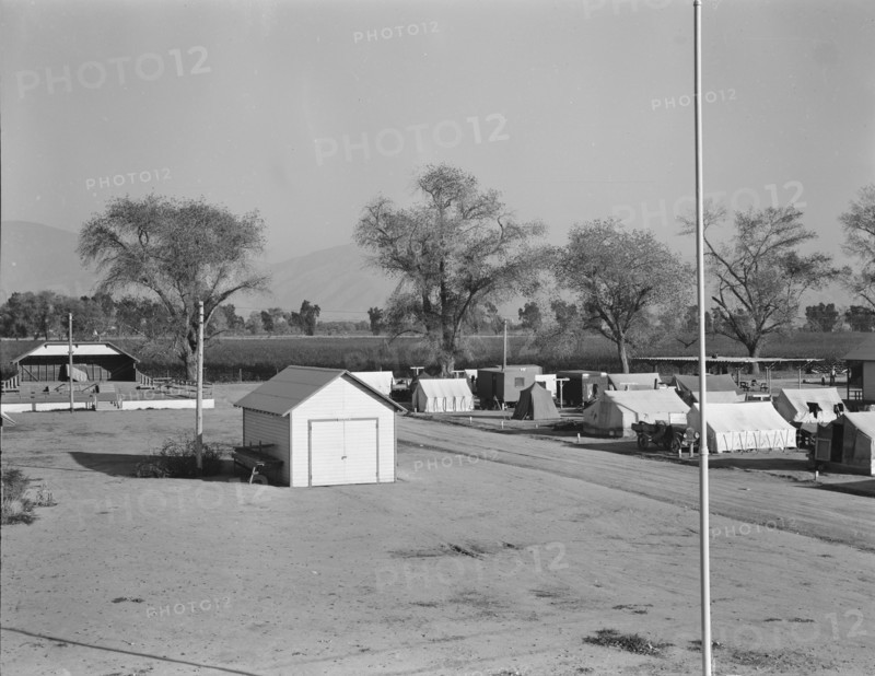 View of Kern migrant camp, community center at left, California, 1936. Creator: Dorothea Lange.