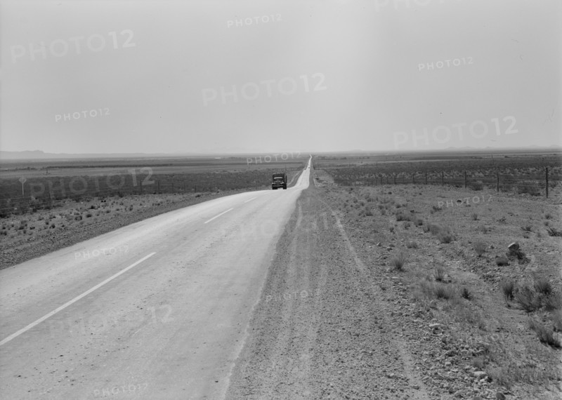 The highway going West, U.S. 80 near Lordsburg, New Mexico, 1938. Creator: Dorothea Lange.