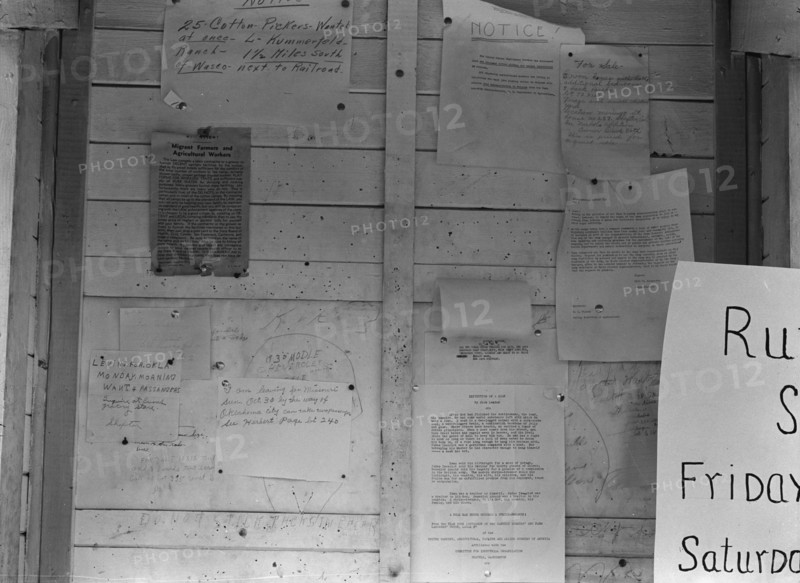 Campers' bulletin board at Shafter camp, California, 1938. Creator: Dorothea Lange.