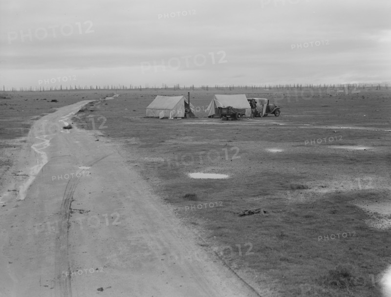 Camp of two related families seen from U.S. 99., Kern County, California, 1939. Creator: Dorothea Lange.