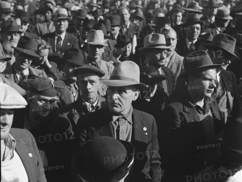 Listening to speeches at mass meeting of WPA workers..., San Francisco, California, 1939. Creator: Dorothea Lange.