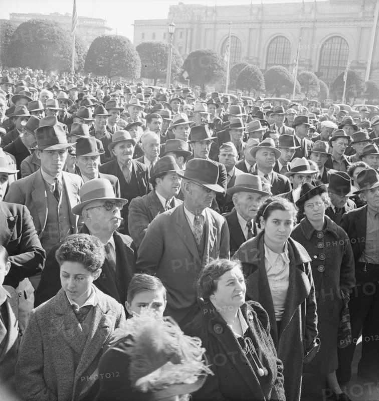 Listening to speeches at mass meeting of WPA workers..., San Francisco, California, 1939. Creator: Dorothea Lange.