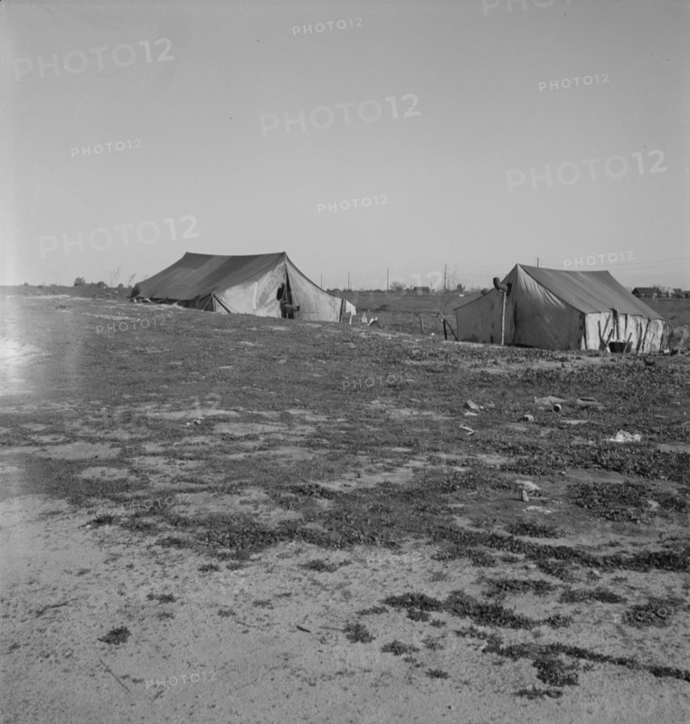 Migrants' tents...the right of way of the Southern Pacific, near Fresno, California, 1939. Creator: Dorothea Lange.