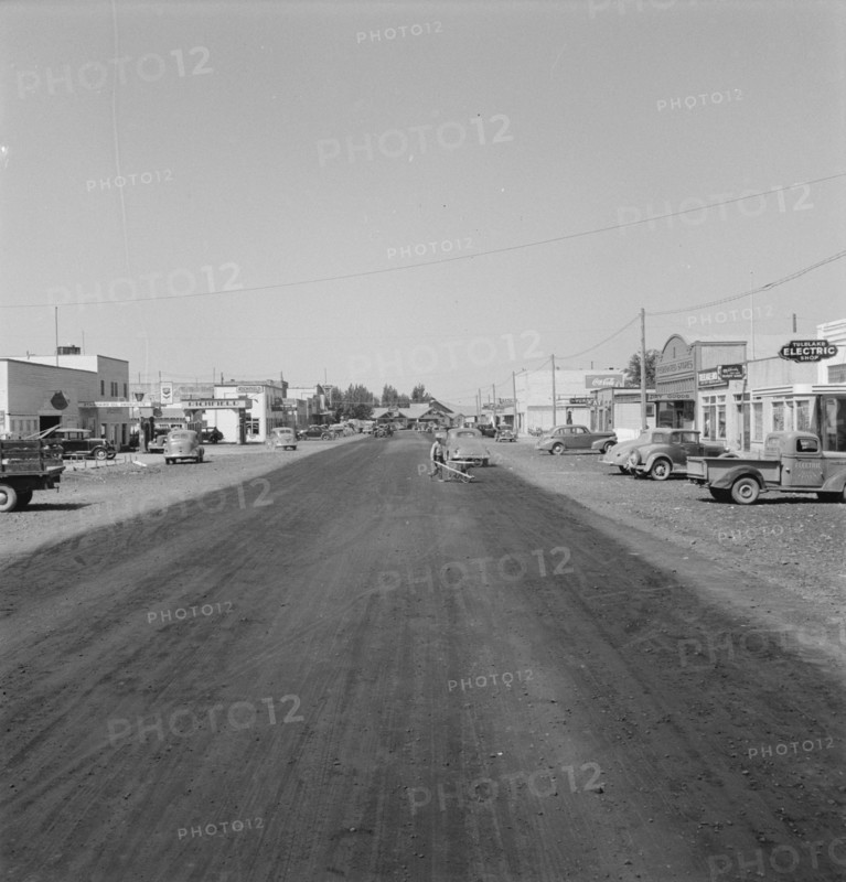 Looking down main street of a frontier..., Tulelake, Siskiyou County, California, 1939. Creator: Dorothea Lange.