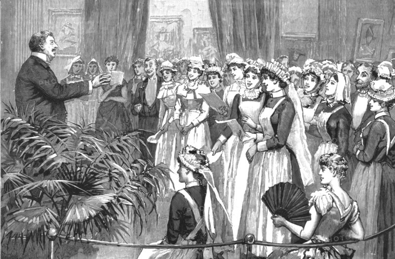 ''Conversazione of the British Nurses Association at the Grosvenor Gallery, Bond Street; Mr. Corney  Creator: Unknown.