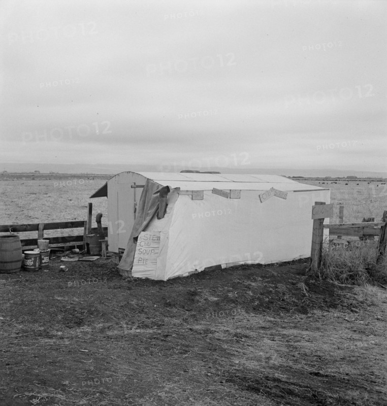Outside of potato pickers' camp, across from the..., Tulelake, Siskiyou County, California, 1939. Creator: Dorothea Lange.
