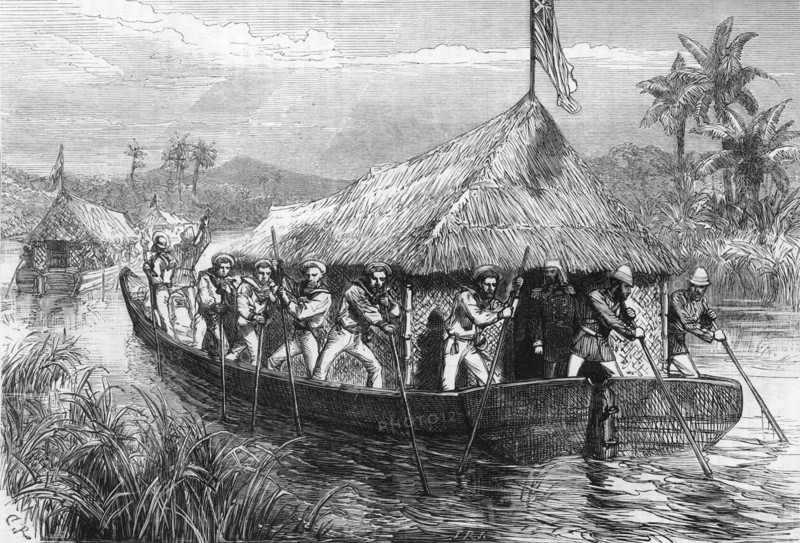 'Blue-Jackets and Marines Poling the British Expedition Up The Perak River', c1891. Creator: James Grant.