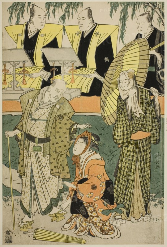 The Actors Bando Matakuro IV as Chubei, Osagawa Tsuneyo II as Umegawa, and Nakamura Katsug..., 1783. Creator: Torii Kiyonaga.