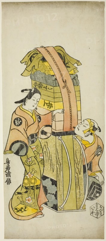 The Actors Ichikawa Danjuro II as Kamada Matahachi and Ichikawa Monnosuke I as Hisamatsu i..., 1720. Creator: Torii Kiyonobu I.