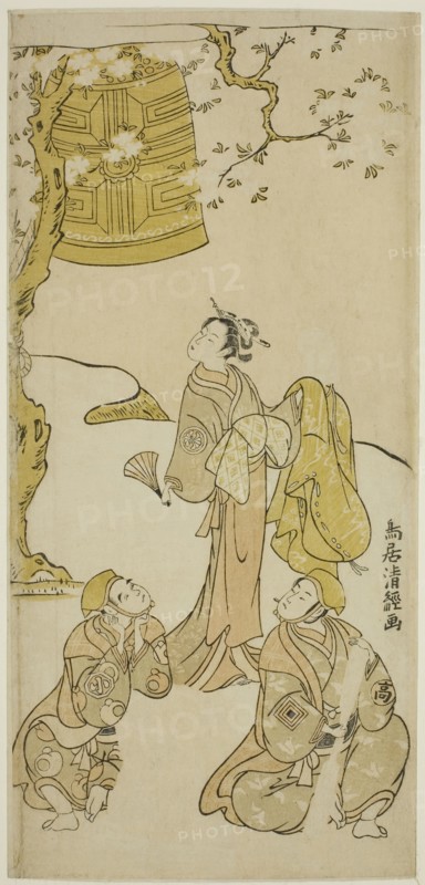 The Actors Segawa Kikunojo II, Ichikawa Komazo II, and Arashi Otohachi I in the play "Fude..., 1768. Creator: Torii Kiyotsune.