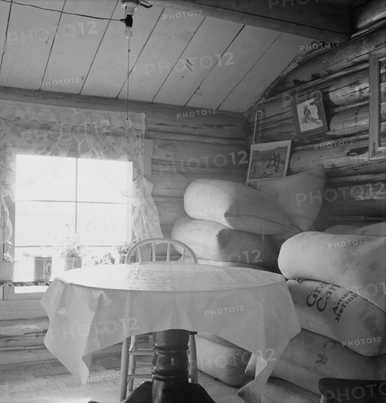 Interior of farmer's two-room log home, FSA borrower, Boundary County, Idaho, 1939. Creator: Dorothea Lange.