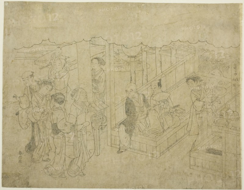 Key block print for The Introduction (Miai), the first sheet from the series "Marriage ..., c. 1769. Creator: Suzuki Harunobu.