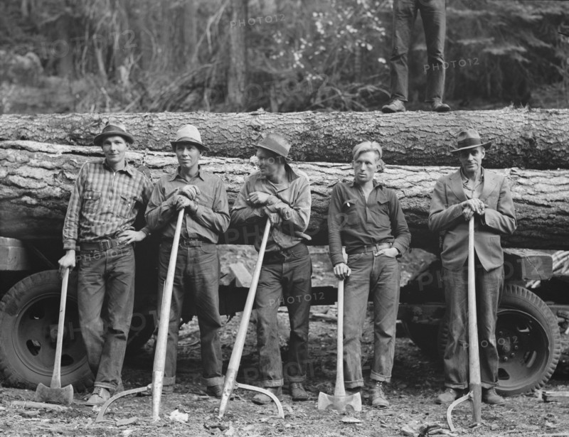Five Idaho farmers, members of Ola self-help sawmill co-op..., Gem County, Idaho, 1939. Creator: Dorothea Lange.