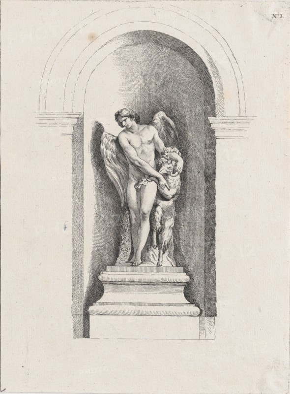 Standing male angel looking down to left and holding a ram; a..., possibly mid to late 18th century. Creator: Anon.